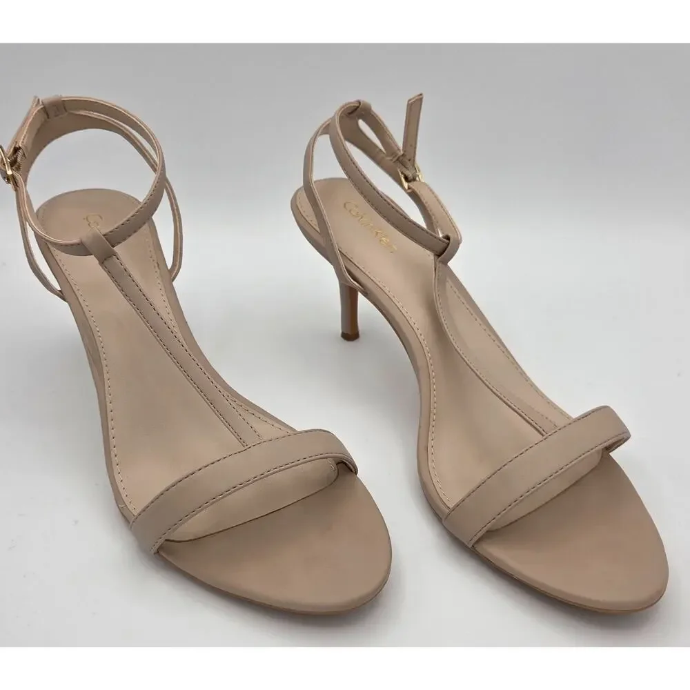 NEW IN BOX Calvin Klein Lola T-Strap Heels Nude Beige Strappy Sandal 9.5 NIB